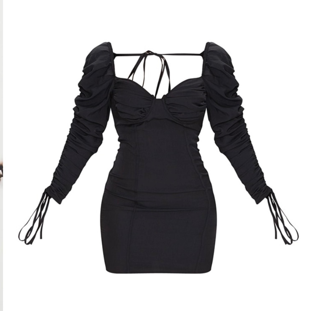 NEW BLACK WOVEN LONG SLEEVE RUCHED CUP BODYCON DRESS